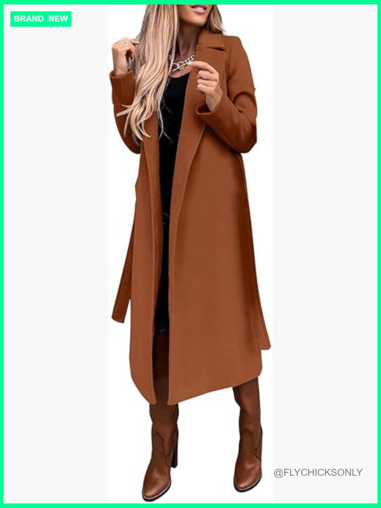 Long Wool Pea Coat Notched Collar Open Front Belted Trench